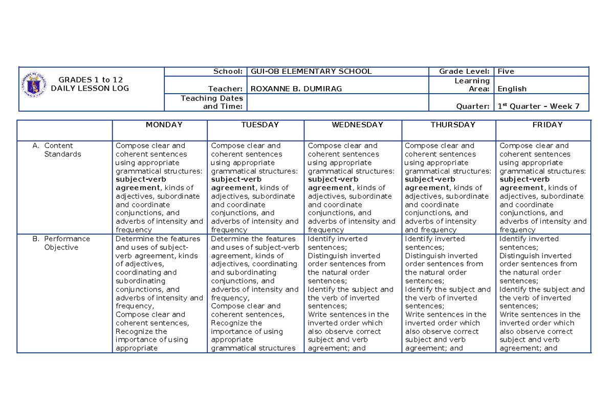 DLL WEEK 7 ENG V - Lesson Plan in English 5 - GRADES 1 to 12 DAILY ...
