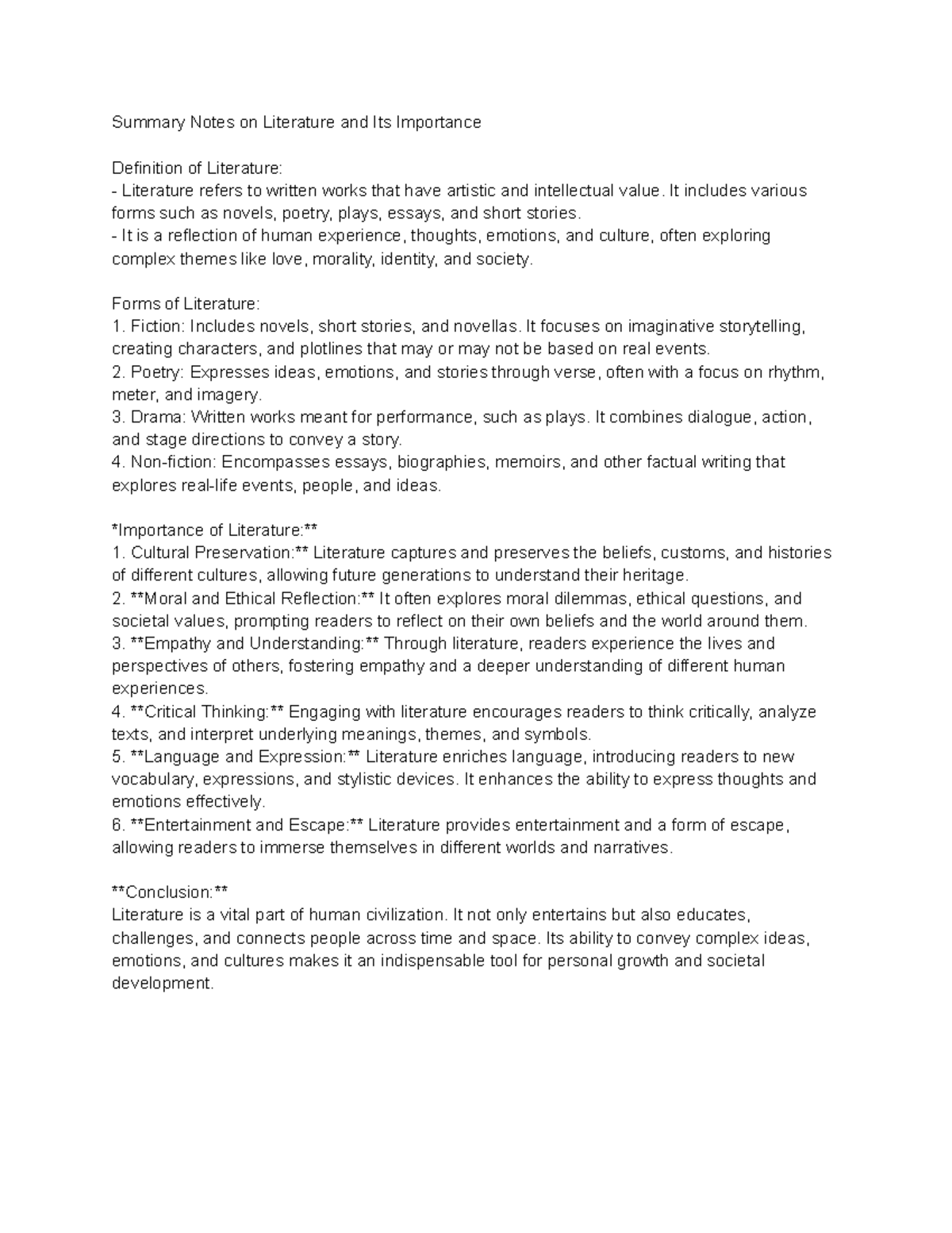 Literature and Its Importance - Summary Notes on Literature and Its ...