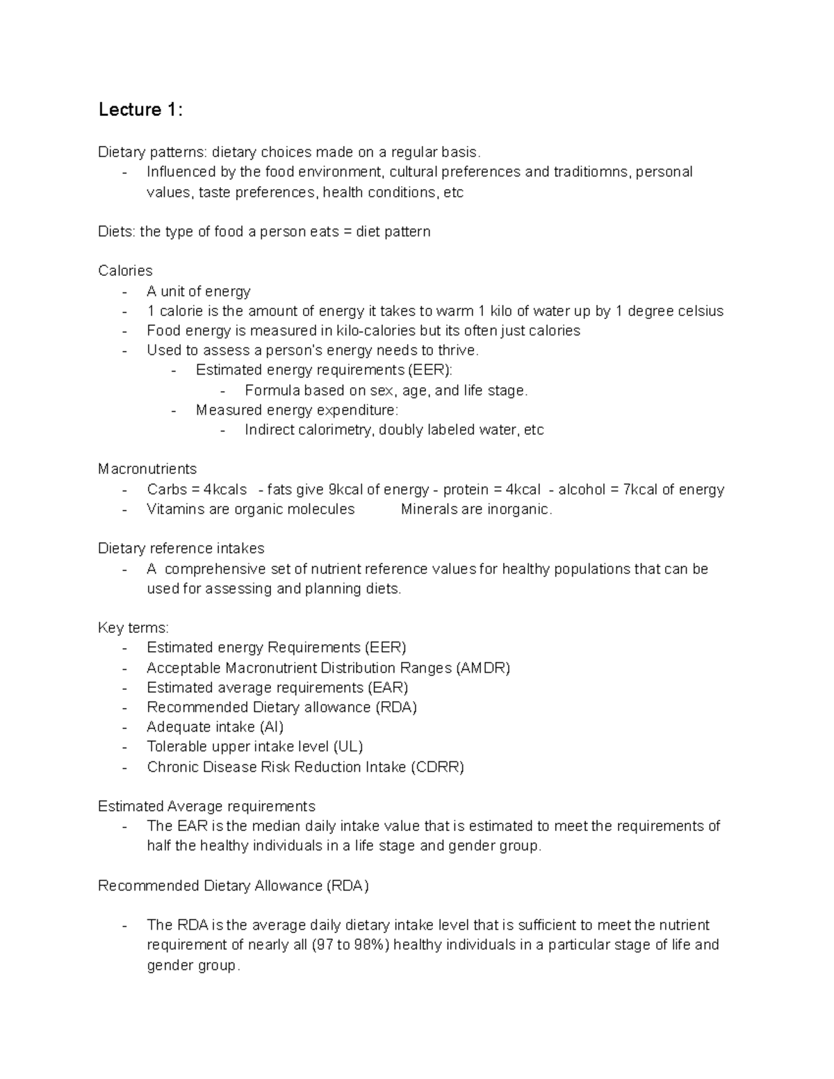 NUTR - Lecture notes for the first two weeks of the class - Lecture 1 ...