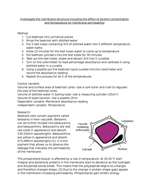 Core 1 - Investigate the membrane structure including the effect of alcohol concentration and temperature on membrane permeability