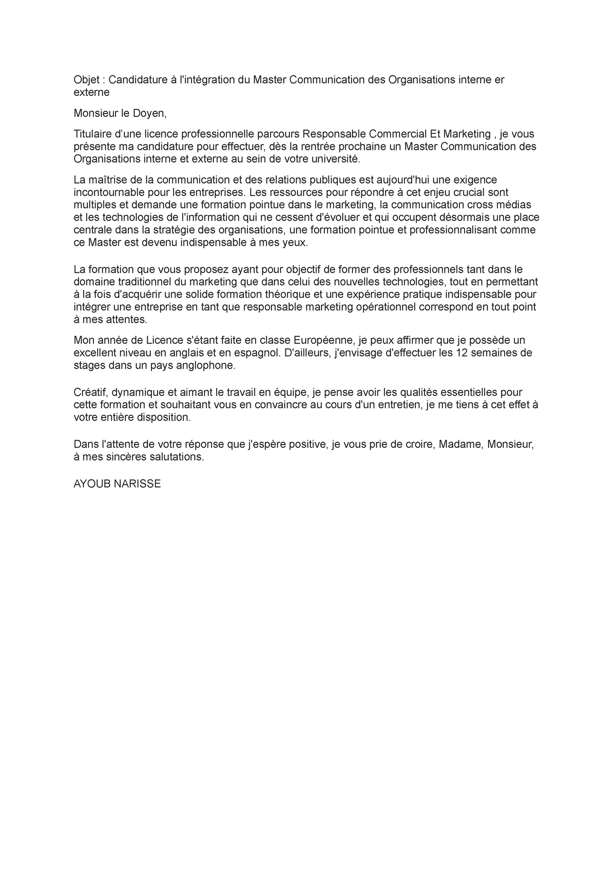 Lettre de motivation communication des organisations - Objet