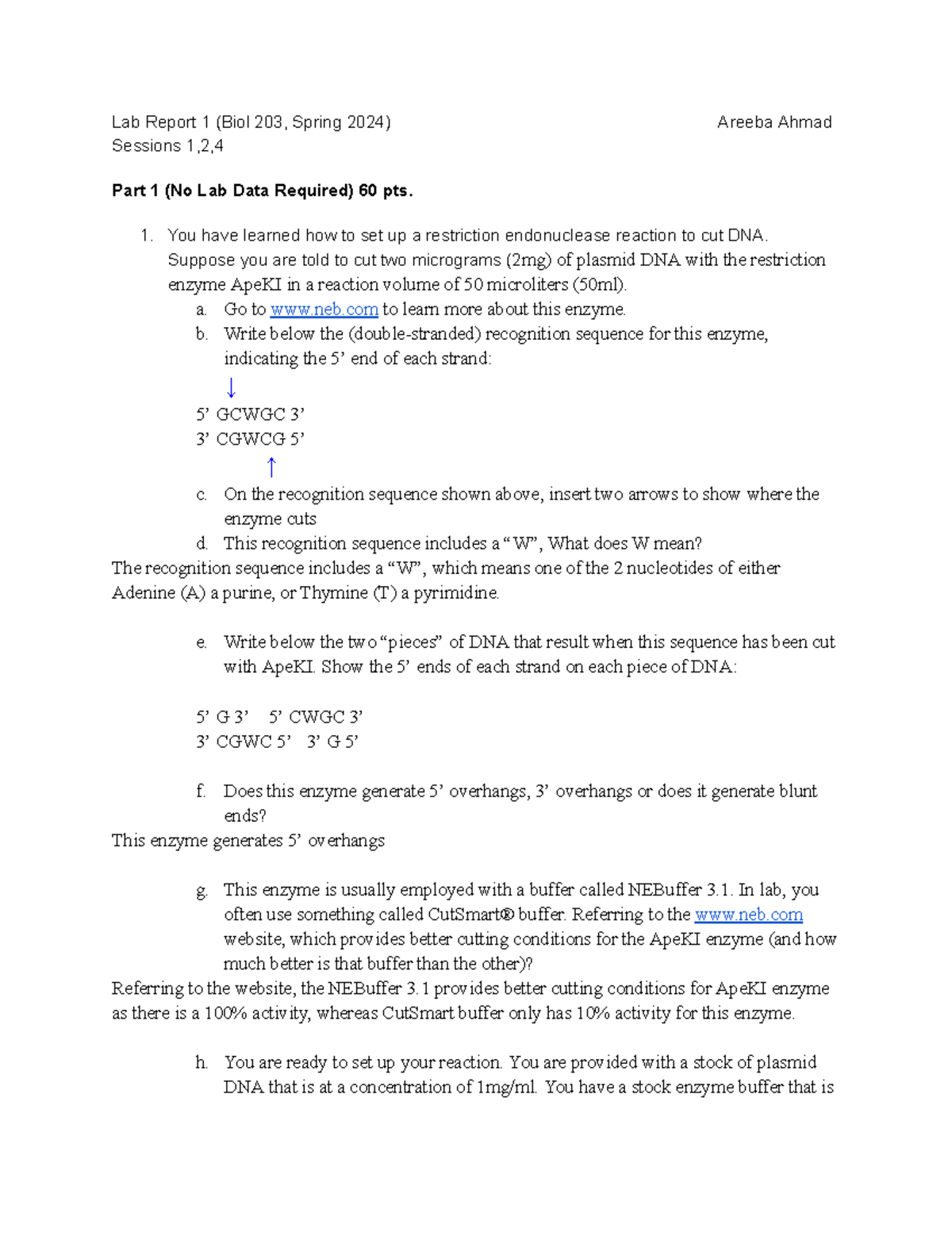 Genetics lab report 1 - Lab Report 1 (Biol 203, Spring 2024) Areeba ...