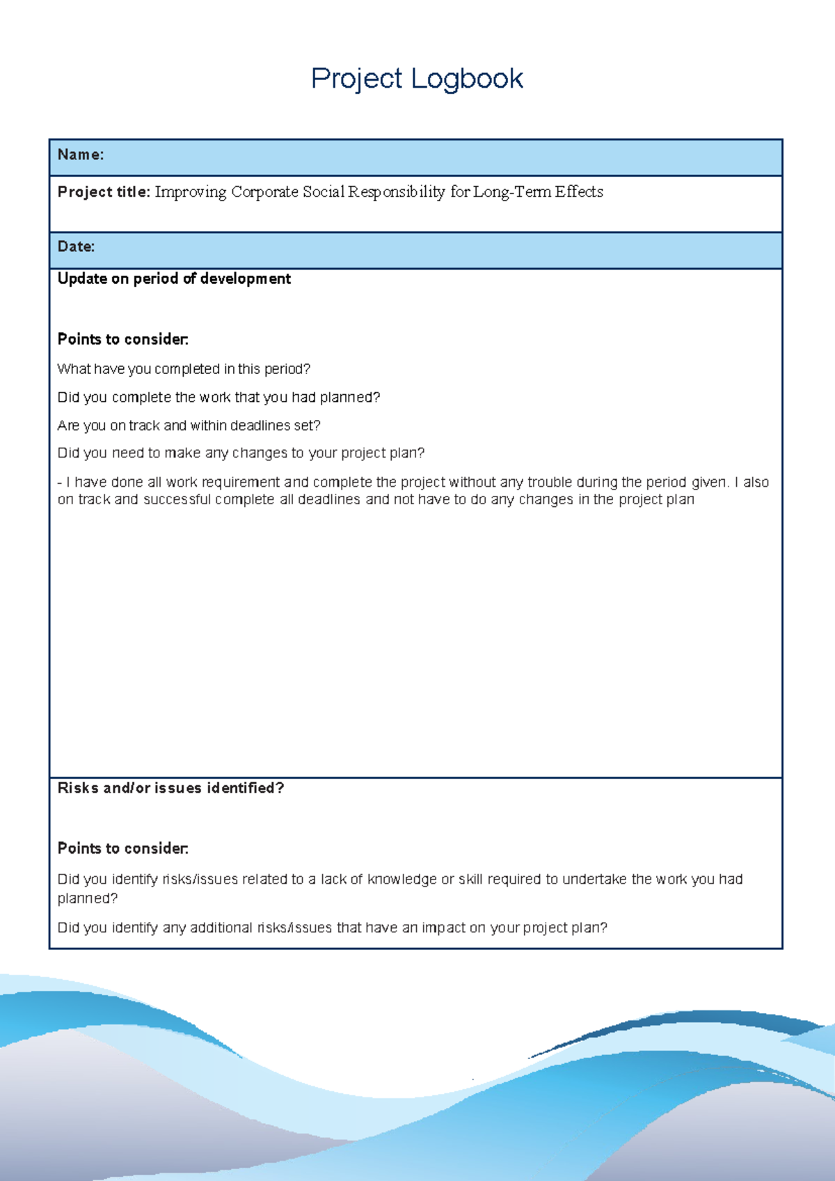 Project Logbook Template - HNC/D in Business 1 Project Logbook Name ...