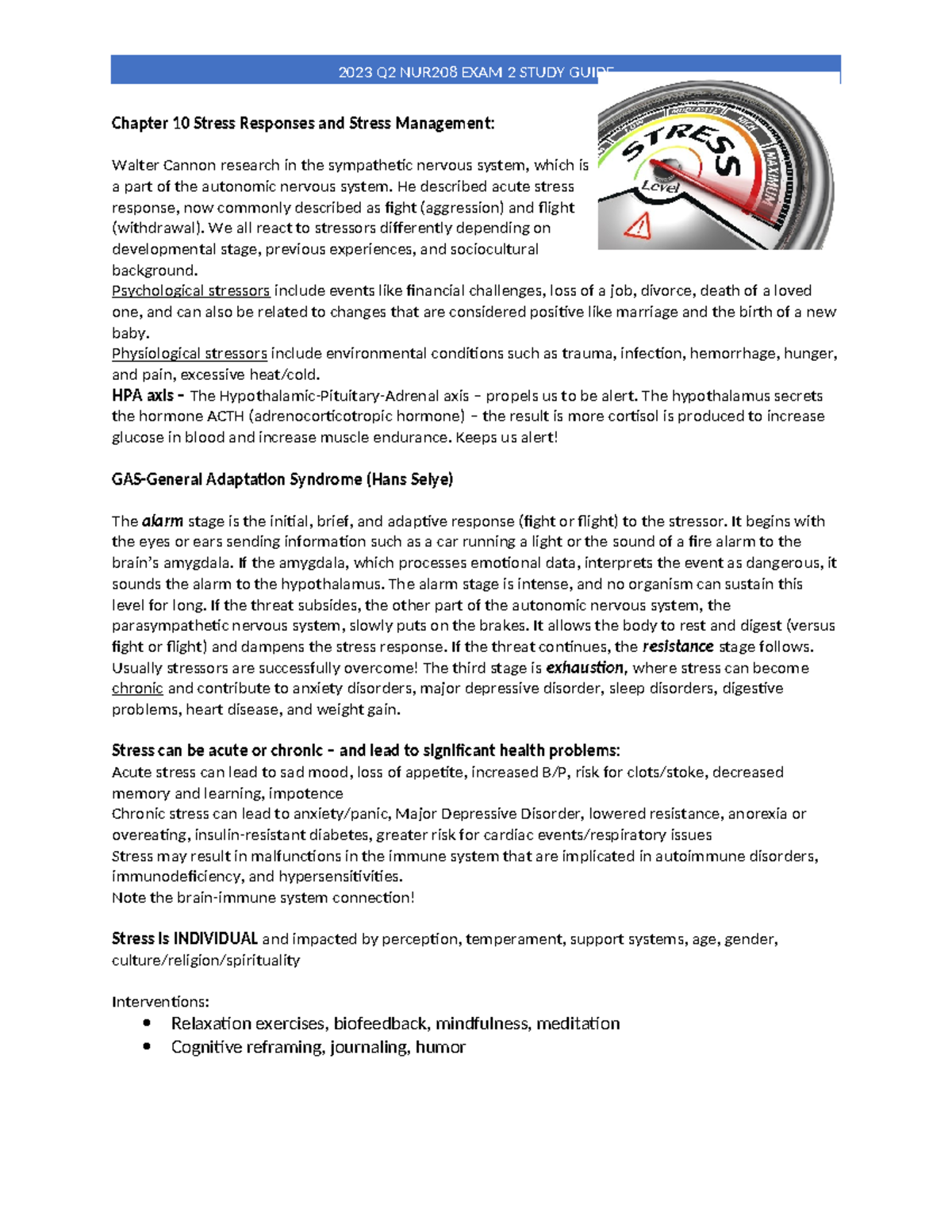 NUR208Studyguide 2 - Assignment - Chapter 10 Stress Responses and ...