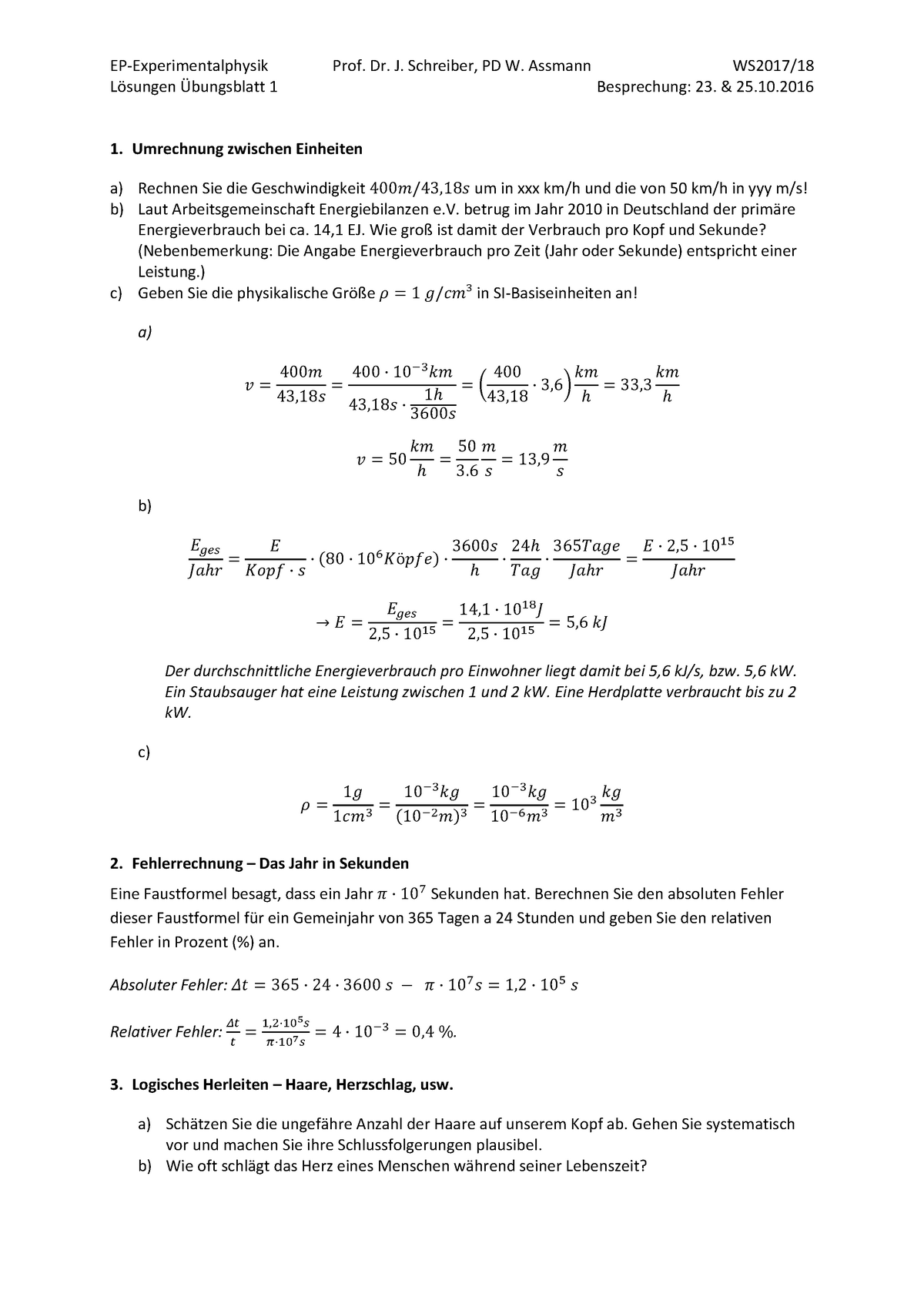 Loesung Physik Ep Experimentalphysik L Sungen Bungsblatt Prof Dr J Schreiber Pd W