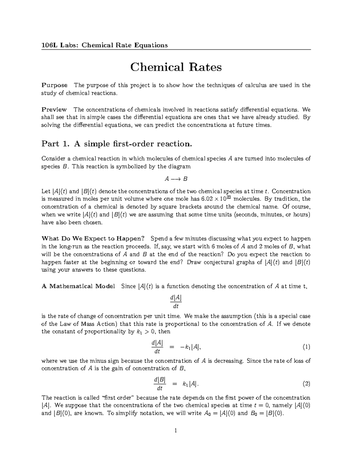 Lab12 chemical rates 106L Labs Chemical Rate Equations Chemical