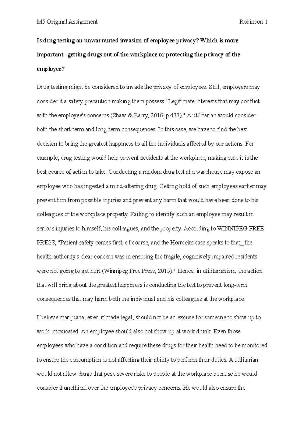 Original Assignment Moral issues in business Is drug testing an