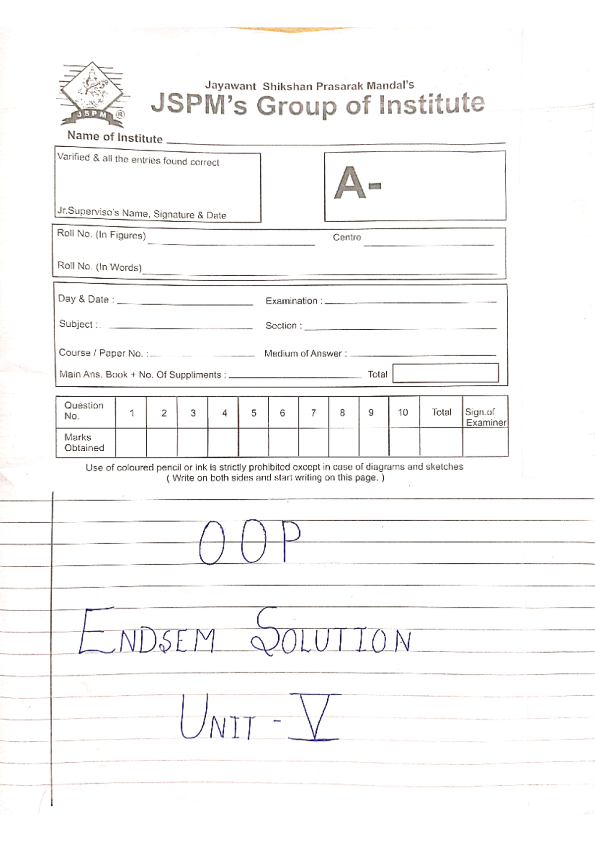 OOP unit 5 Endsem solution - Jayawant Shikshan Prasarak JSPM Group of ...
