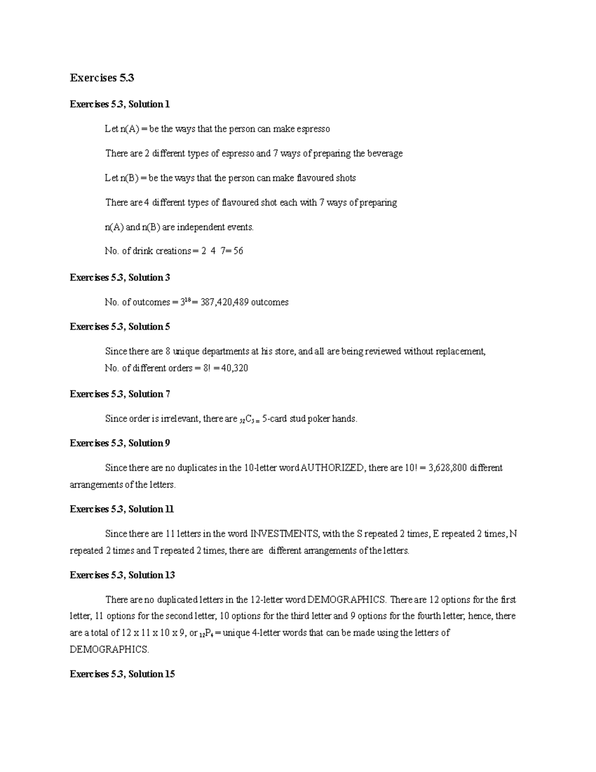Exercises 5 - important - Exercises 5. Exercises 5, Solution 1 Let n(A ...