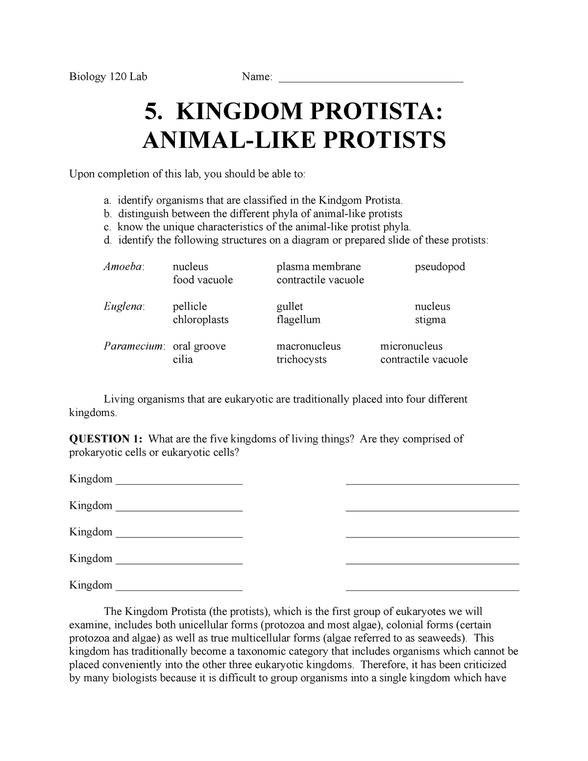 5. Kingdom Protista - assignment worth points - Biology 120 Lab Name: -  Studocu