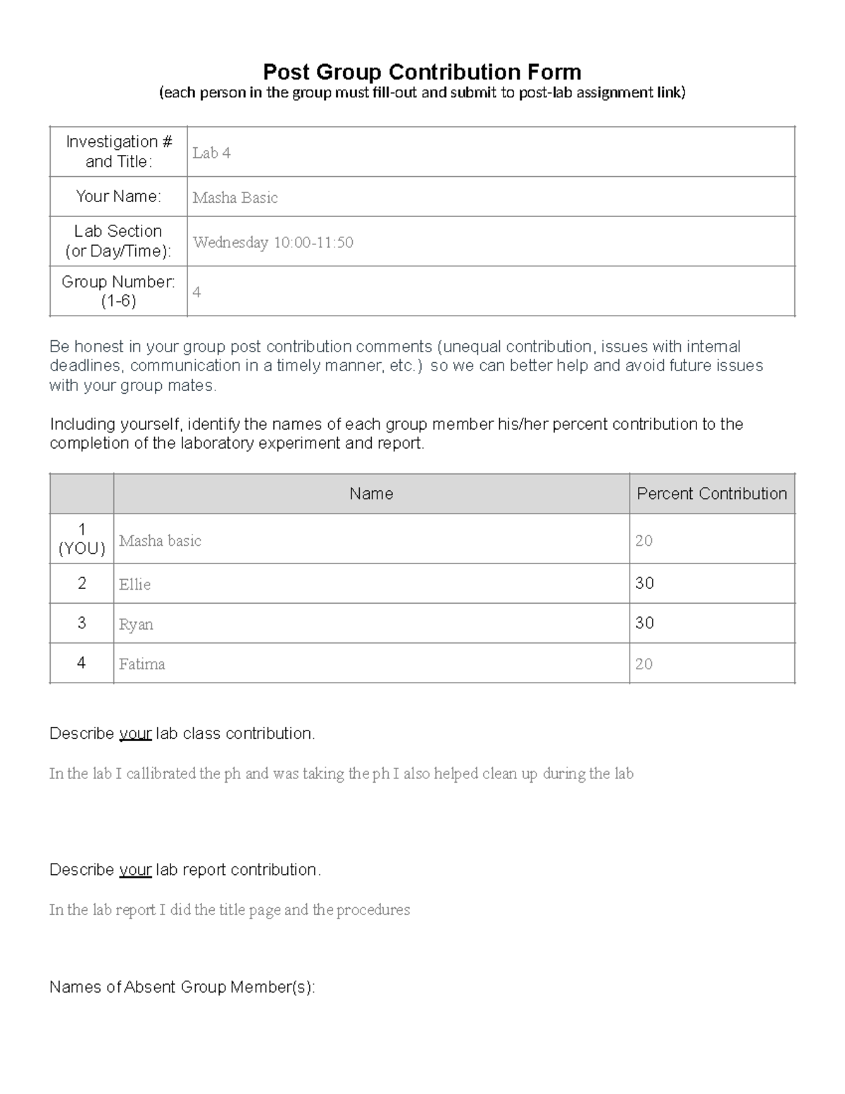 Post lab 4 - worksheet - Post Group Contribution Form (each person in ...