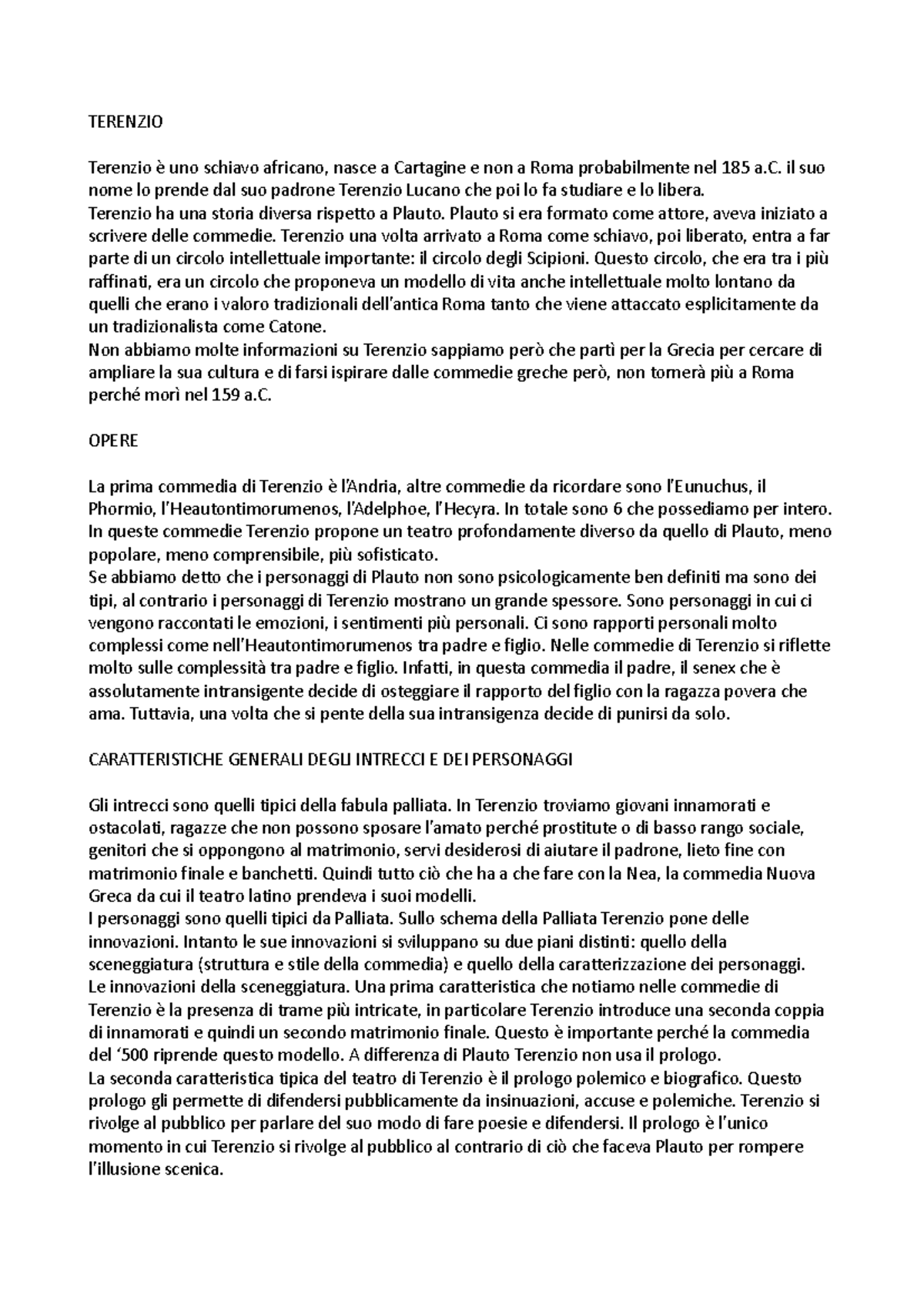 Terenzio Letteratura latina. Manuale storico dalle origini alla fine