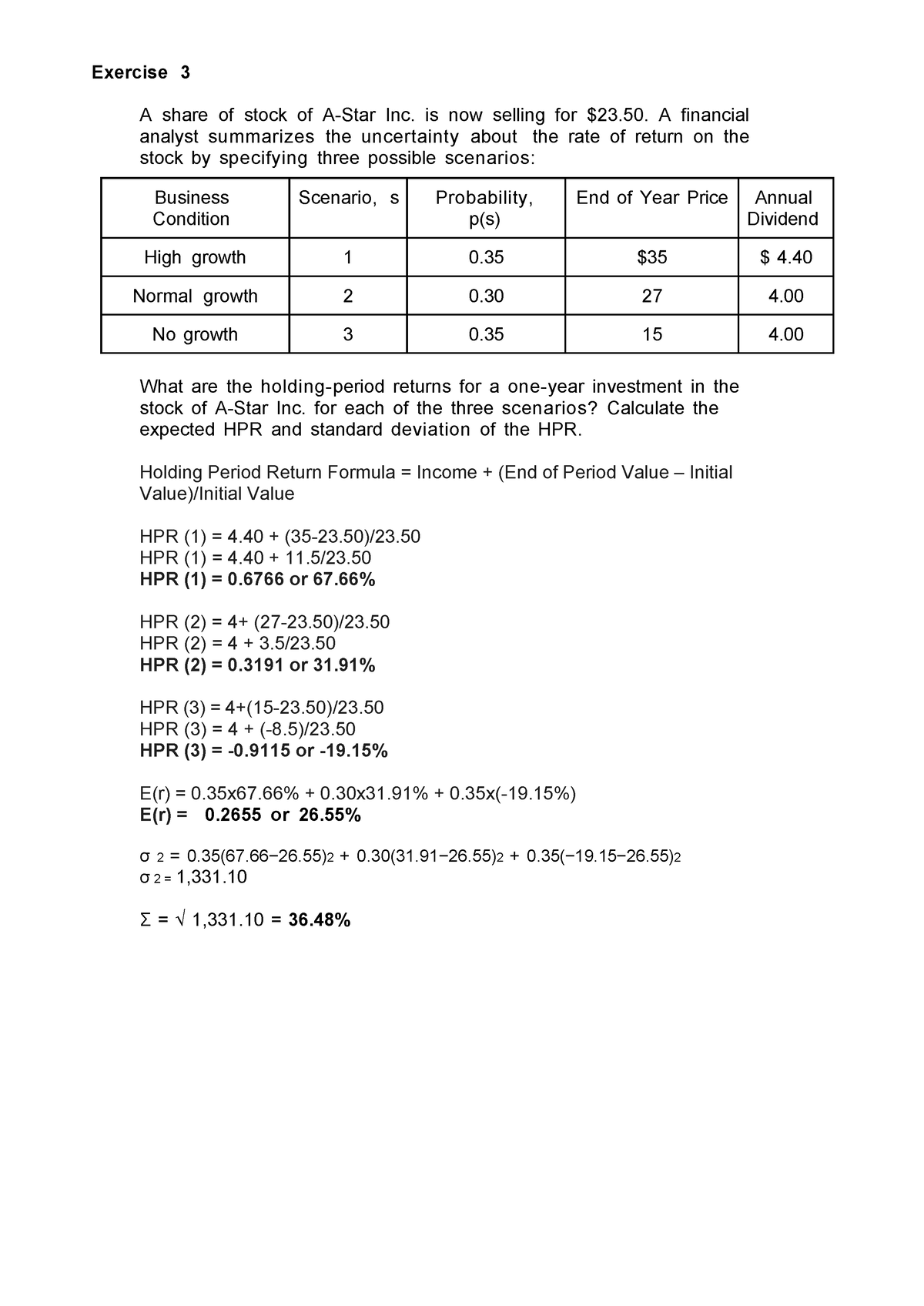 Holding Period Return Formula Exercise 3 A Share Of Stock Of A Star Inc Is Now Selling For 9587