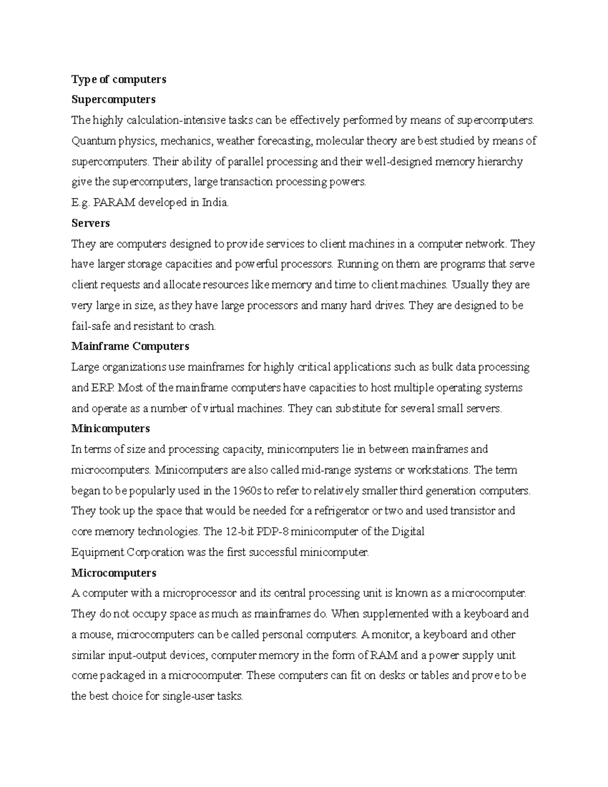 Dube - Notes for assignment one. - Type of computers Supercomputers The ...