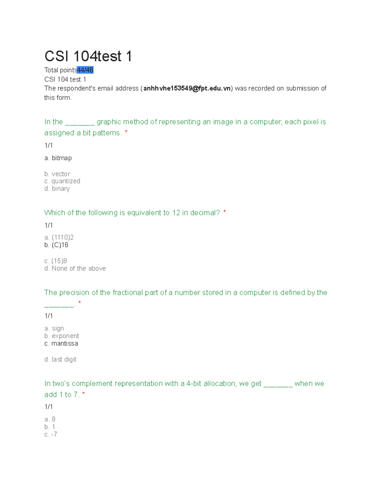 CSI 104 Test - CSI - CSI 104t Est 1 Total Points44/ CSI 104 Test 1 The ...