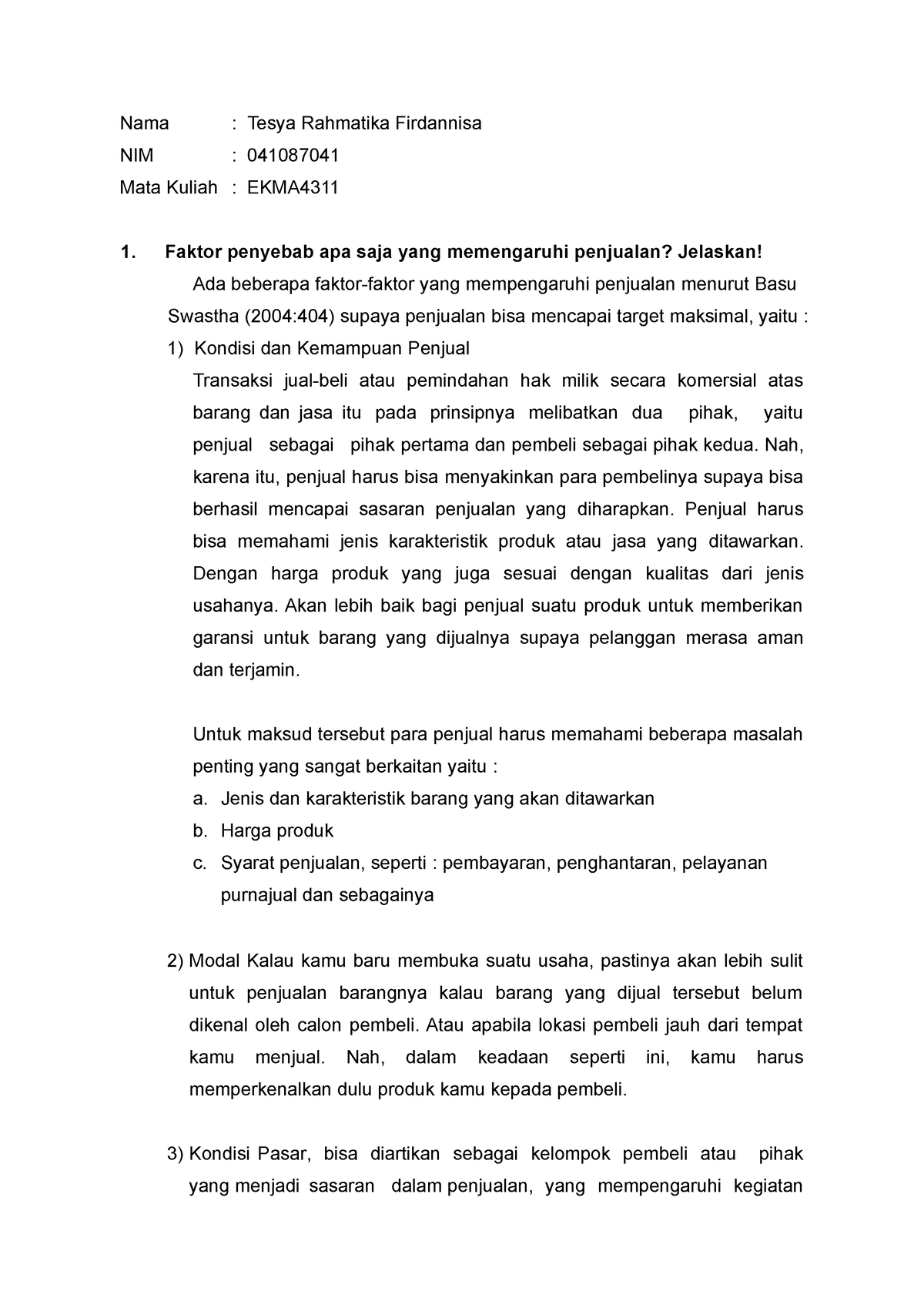 Tugas 2 EKMA4311 Studi Kelayakan Bisnis - Nama : Tesya Rahmatika ...