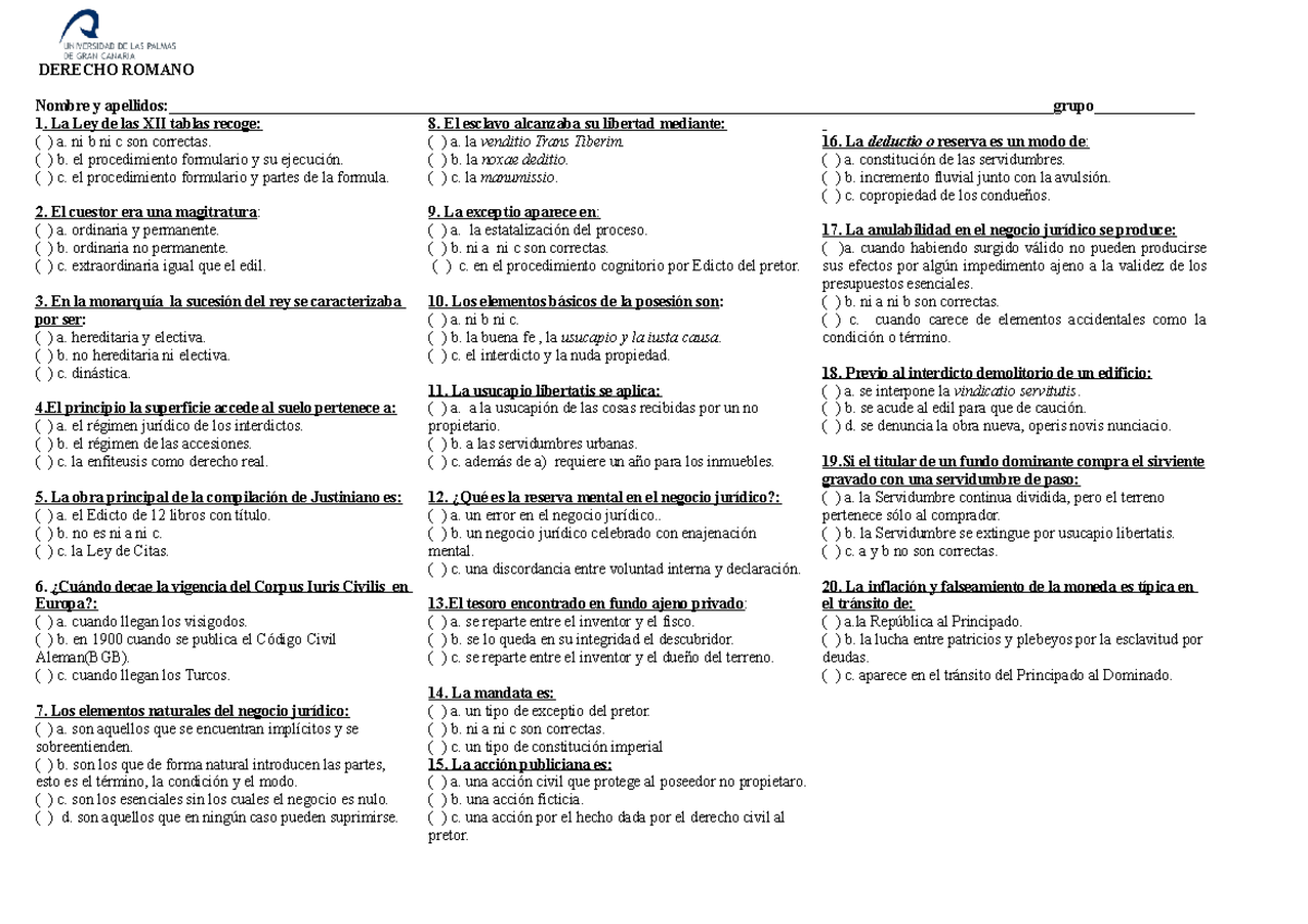 Ejemplo Examen Tipo Test - DERECHO ROMANO Nombre Y - Studocu