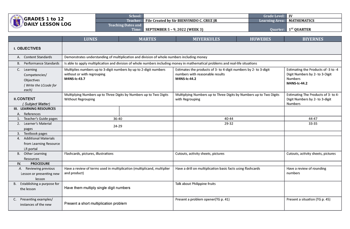 DLL Mathematics 4 Q1 W3 - dll - GRADES 1 to 12 DAILY LESSON LOG School ...