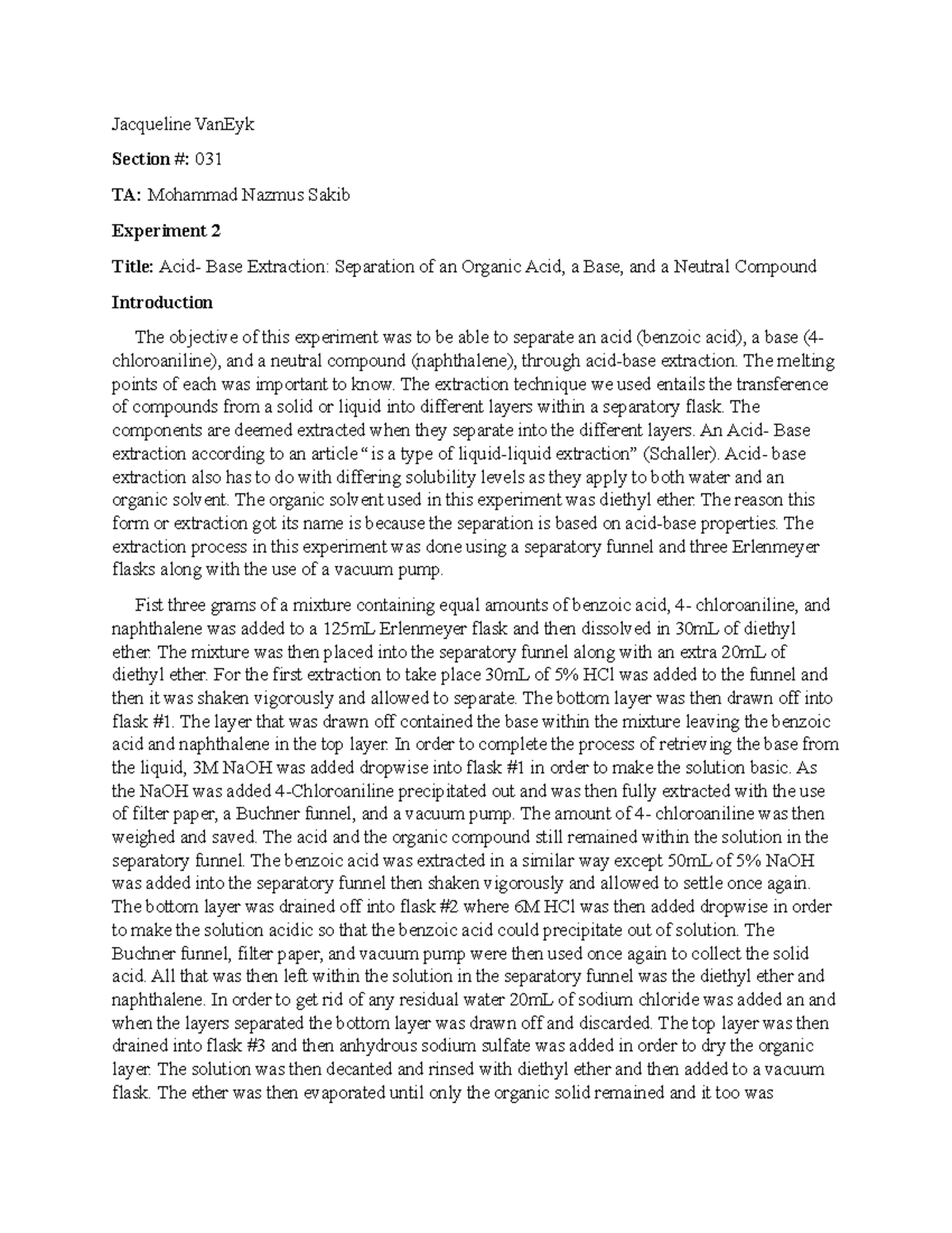 Experiment 2 Post Lab Acid Base Extraction Separation of an Organic