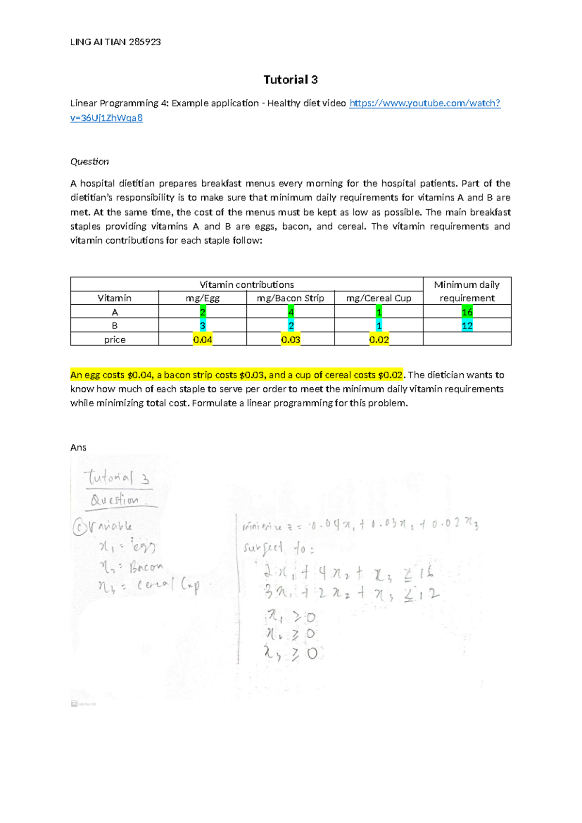 Tutorial 3 Diet Example - LING AI TIAN 285923 Tutorial 3 Linear ...
