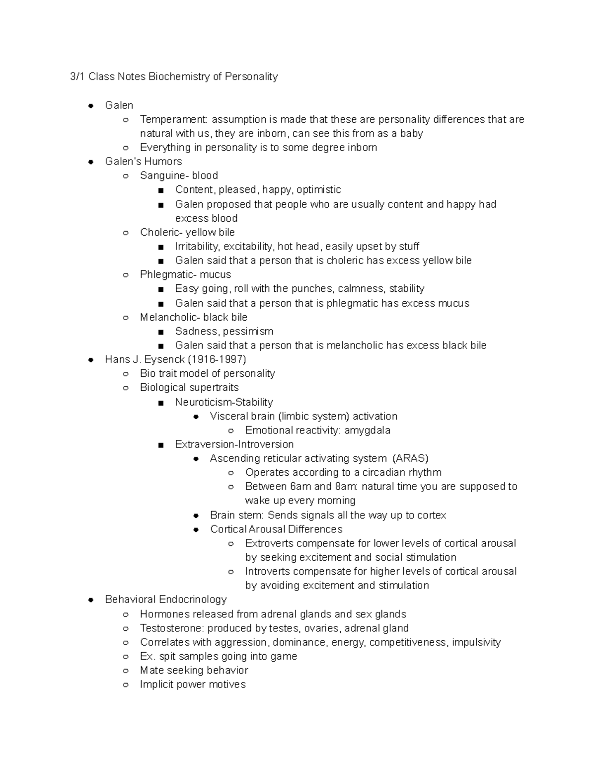 3 1 Class Notes Biochemistry of Personality - PSY 2500 - Villanova ...