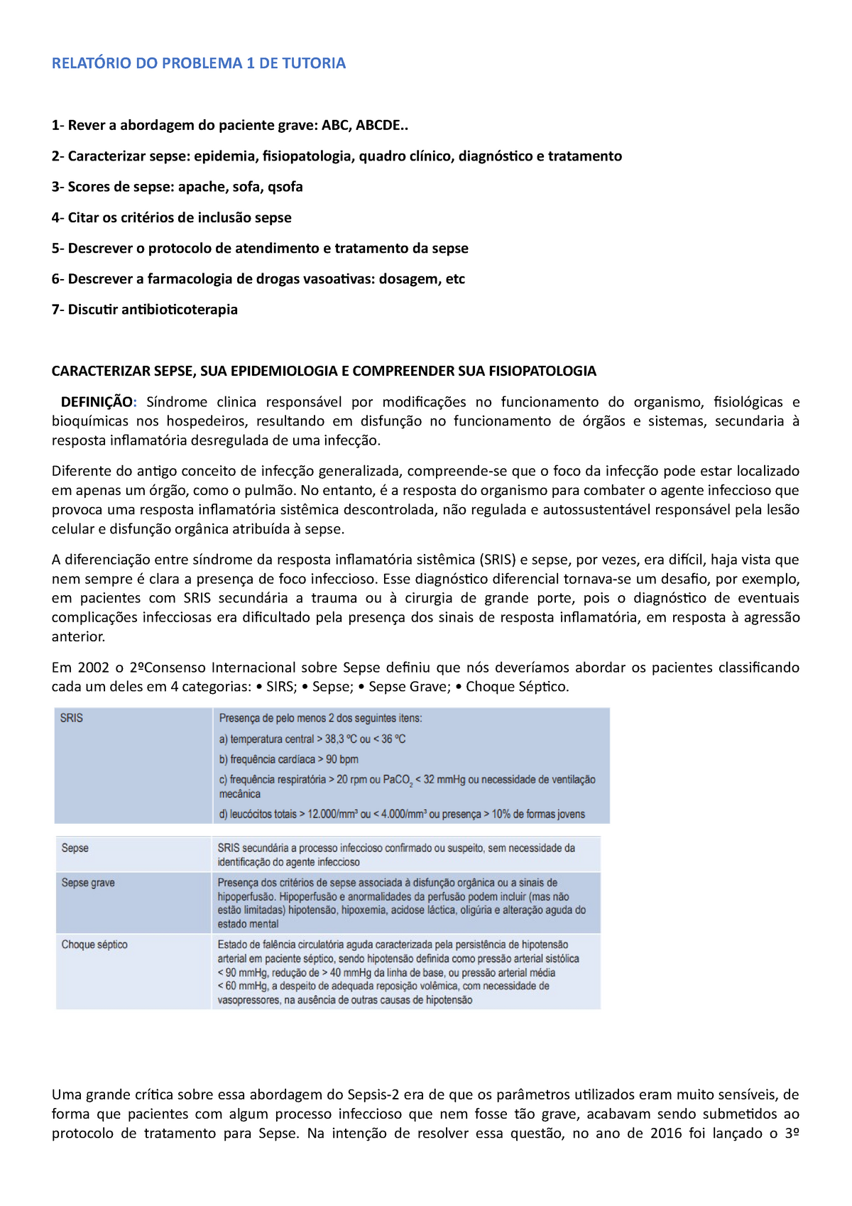 Tutoria Sepse Relat Rio Do Problema De Tutoria Rever A Abordagem Do Paciente Grave