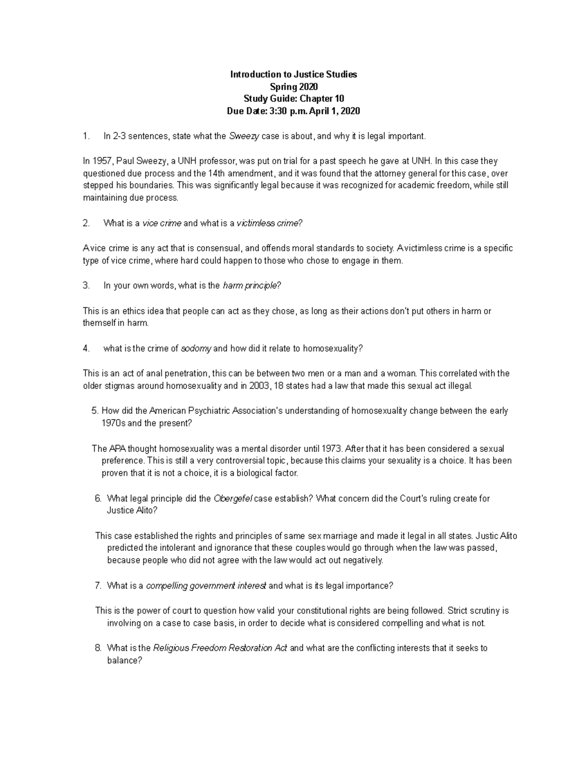 Study Guide 10 Introduction to Justice Studies Spring 2020 Study