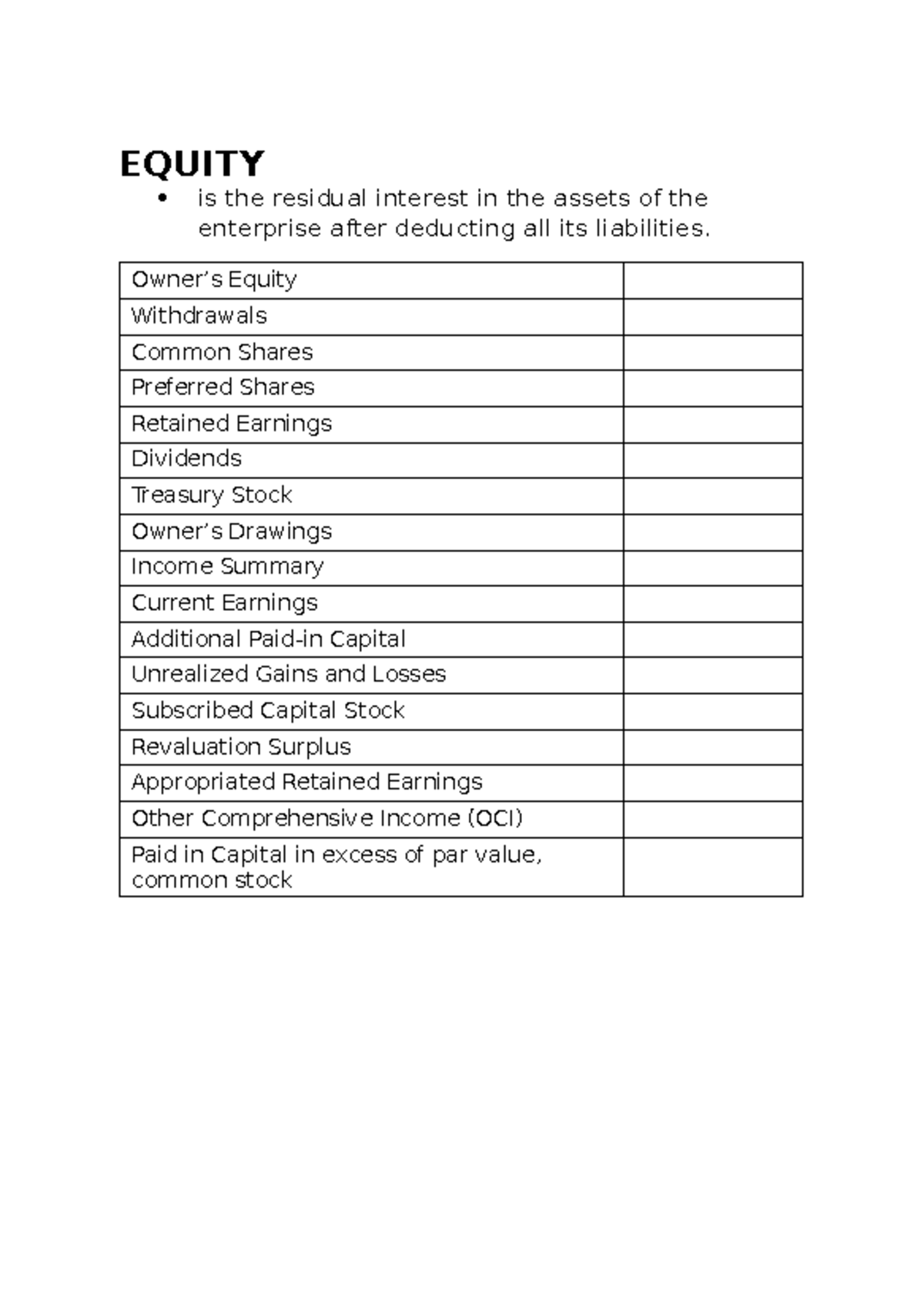 A5 Equity - account titles - EQUITY is the residual interest in the ...