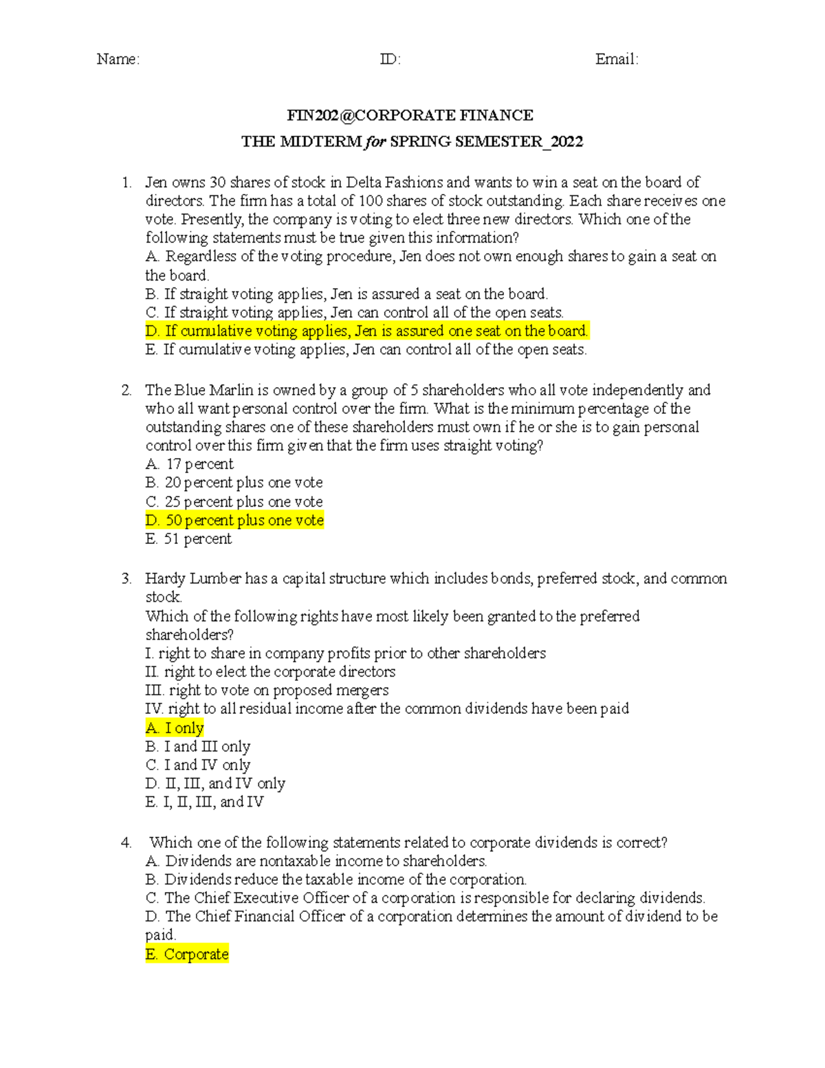 Midterm - fefefe - FIN202@CORPORATE FINANCE THE MIDTERM for SPRING ...