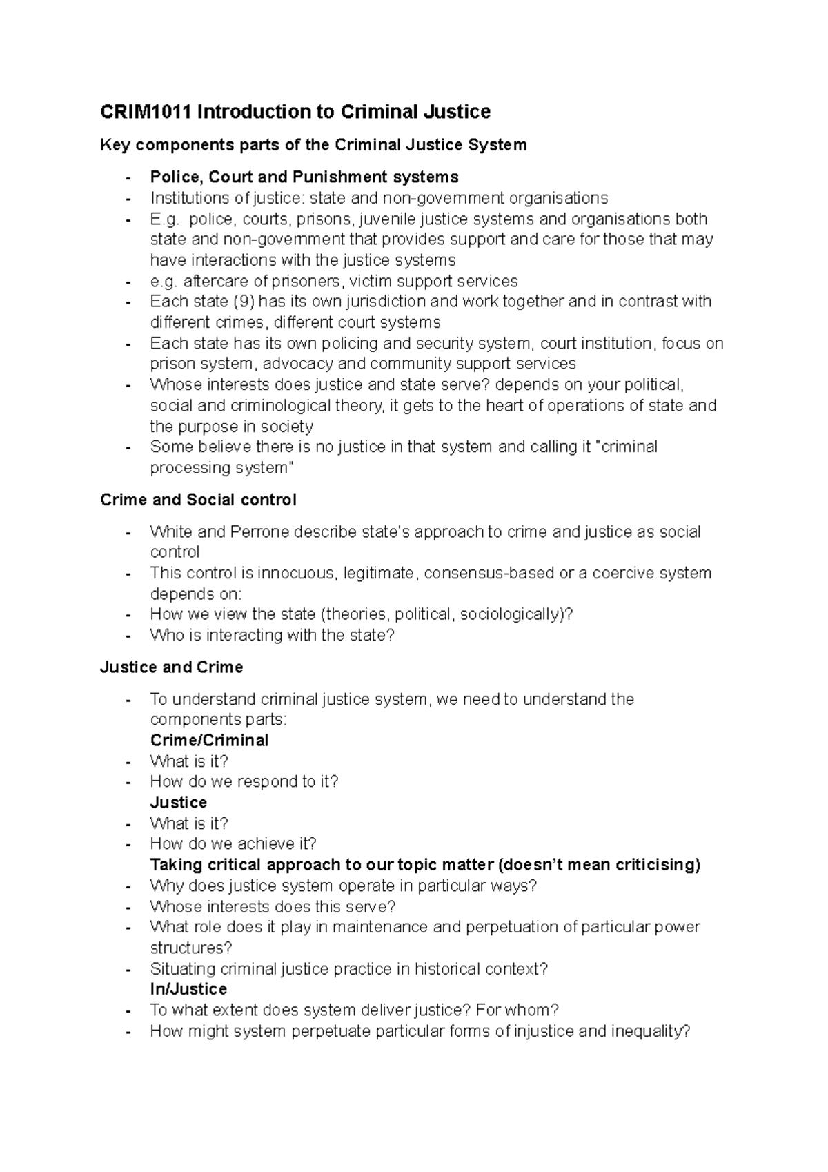 CRIM1011 Introduction to Criminal Justice notes - CRIM1011 Introduction ...