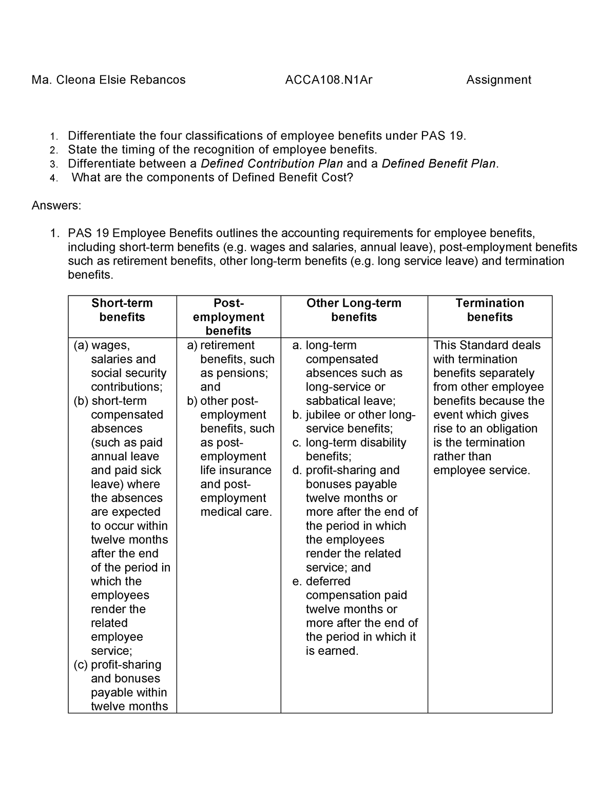 employee benefits assignment