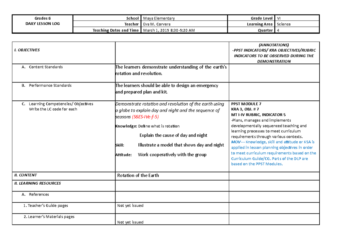 Cot Dlp Science 6 Earths Rotation By Master Teacher Eva M Corvera Grades 6 Daily Lesson Log 6193