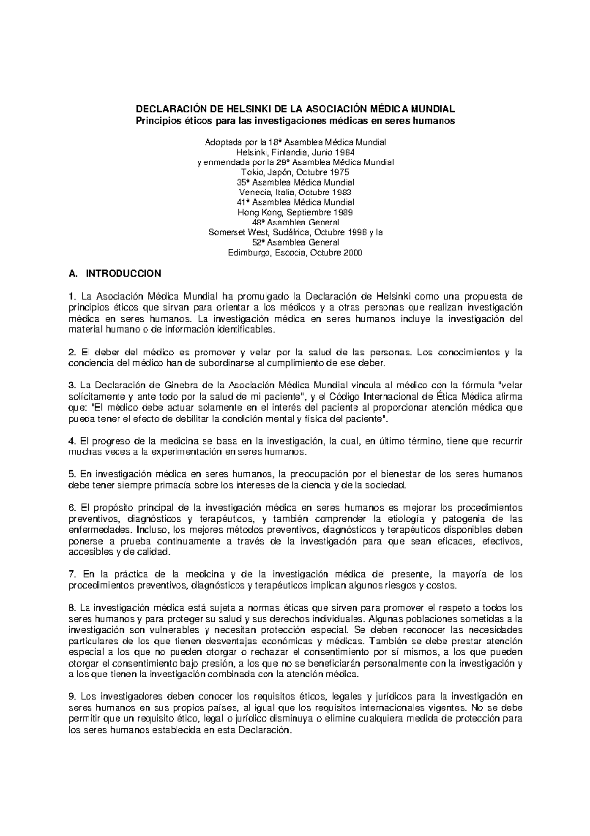 8. Declaracion DE Helsinski. Investigaciones Medicas EN Seres Humanos ...