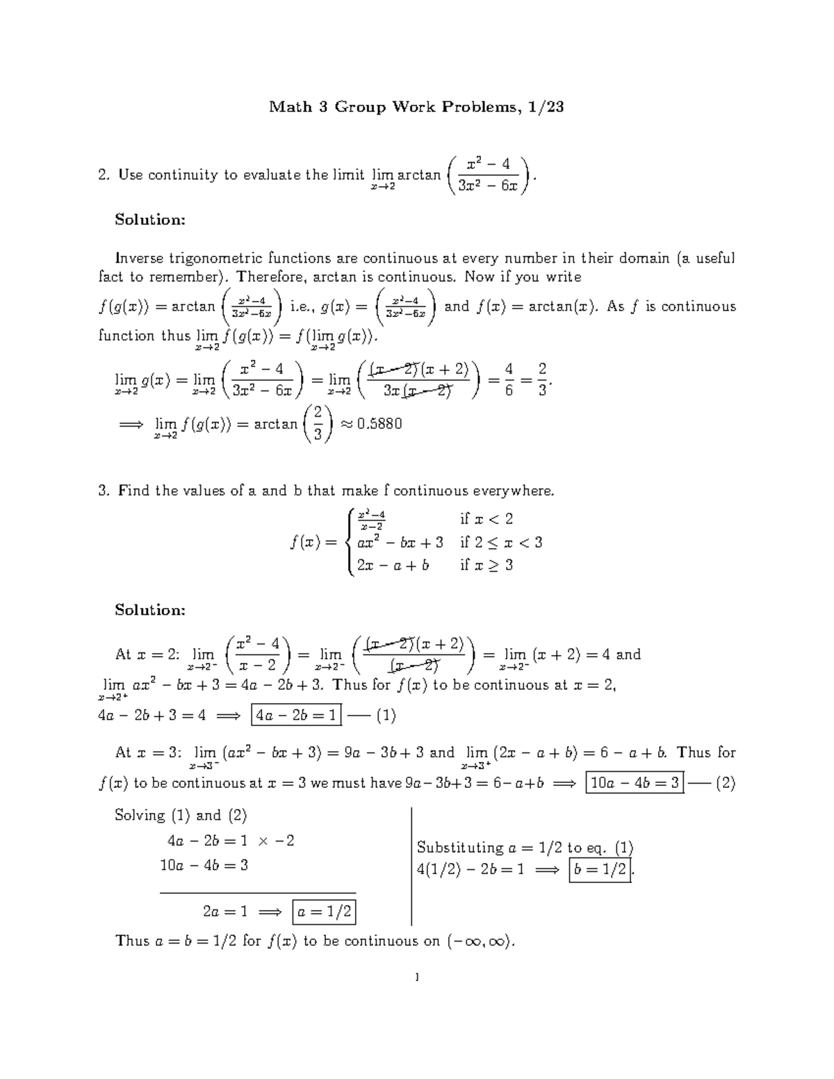 Group Work Solutions 1 18 Math 3 Group Work Problems, 1/ Use