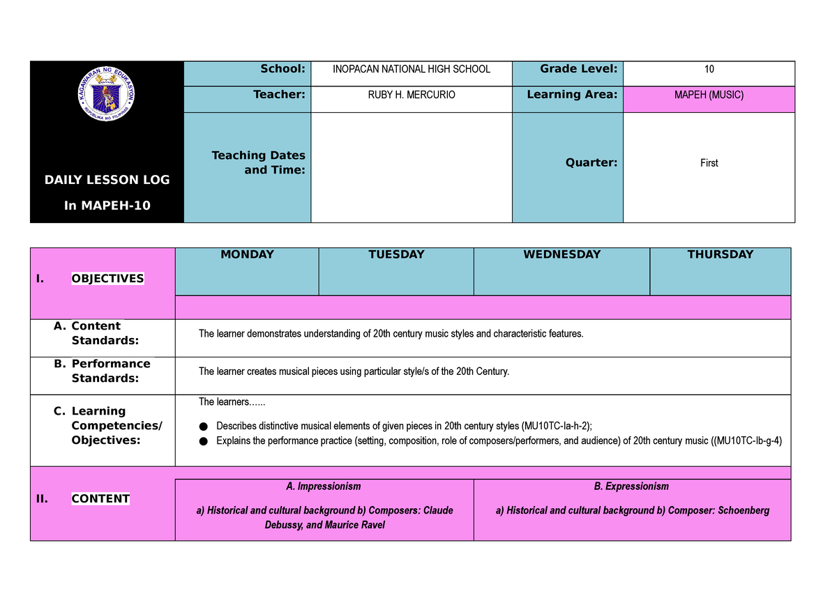 Q1 DLL Music 10 WEEK1 - Lesson Plan - DAILY LESSON LOG In MAPEH- School ...