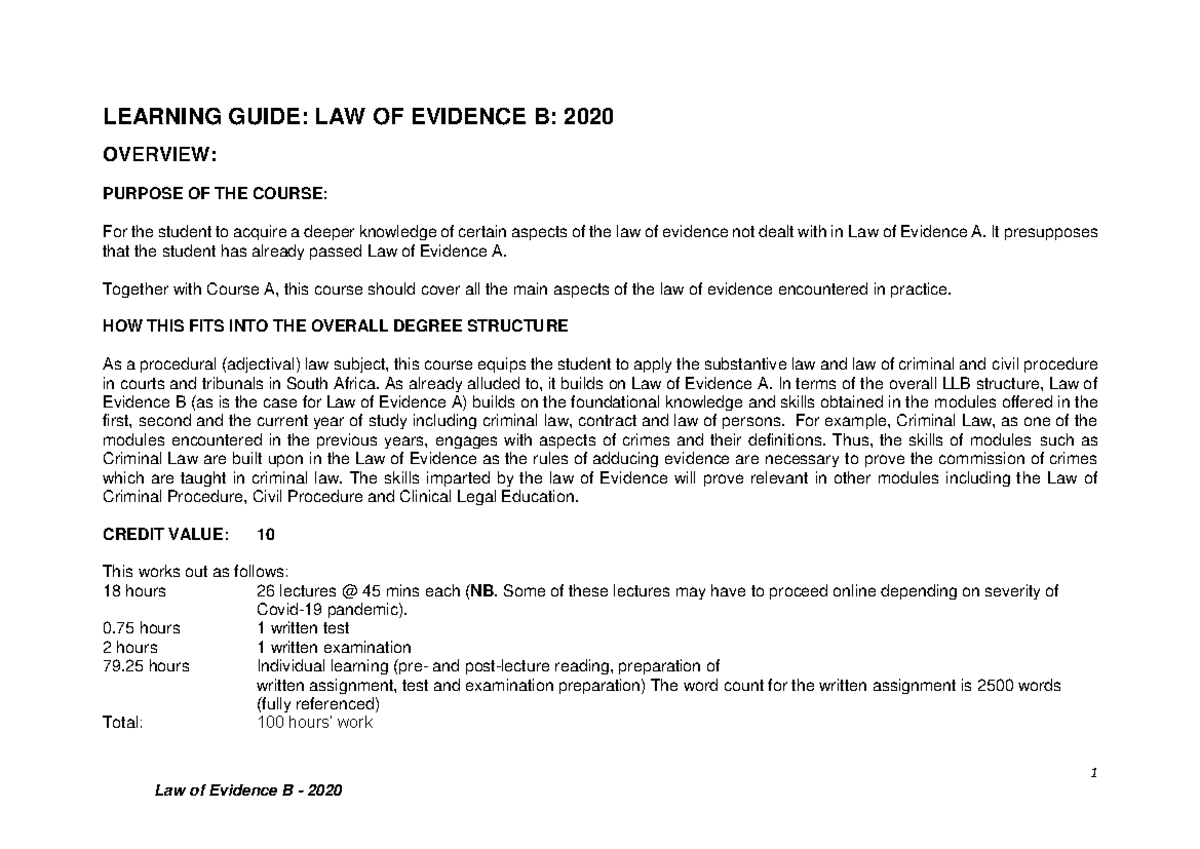 Learning Guide Evidence B 2020 - 1 LEARNING GUIDE: LAW OF EVIDENCE B ...