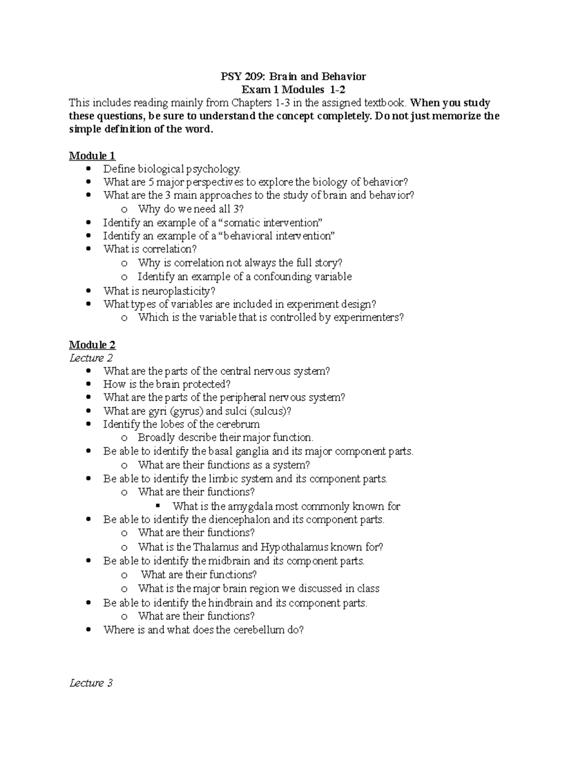 Exam 1 Module 1-2 Study Guide - PSY 209: Brain And Behavior Exam 1 ...