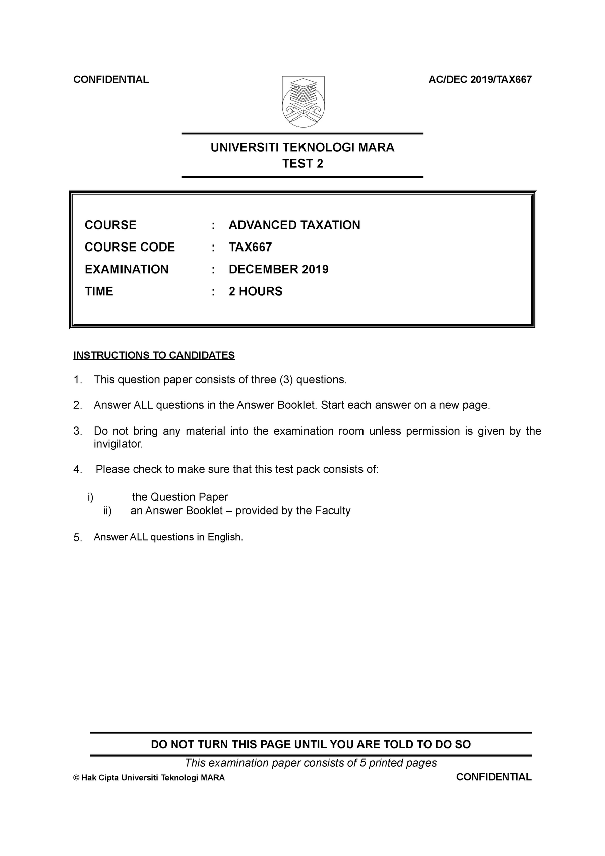 DEC 2019 Question TEST 2 TAX667 PAST TEST QUESTION FOR