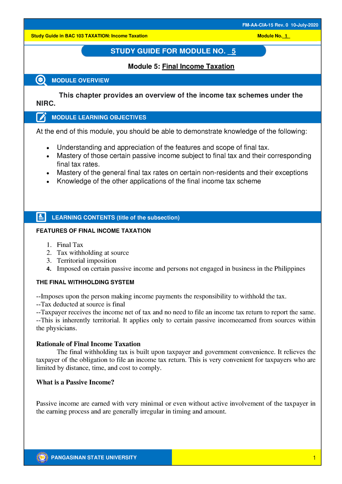 STUDY GUIDE CHAPTER 5 IN TAXATION - PANGASINAN STATE UNIVERSITY Study ...