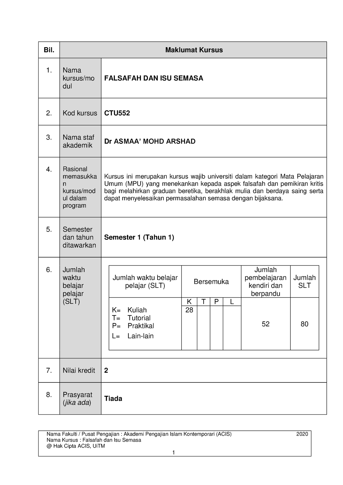 CTU552 Maklumat Kursus - Nama Fakulti / Pusat Pengajian : Akademi ...