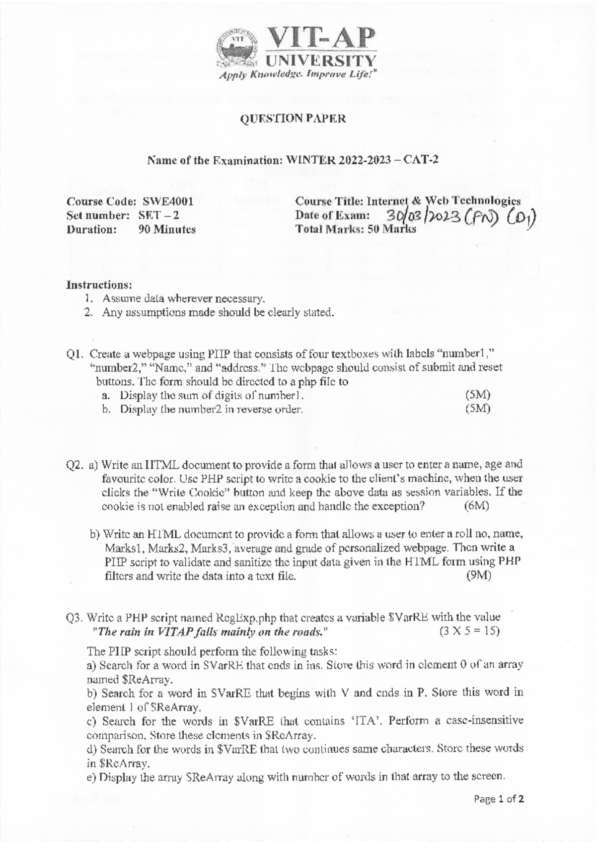 5 - these are question papers on iwt and front end - VIT UNIVERSITY ...