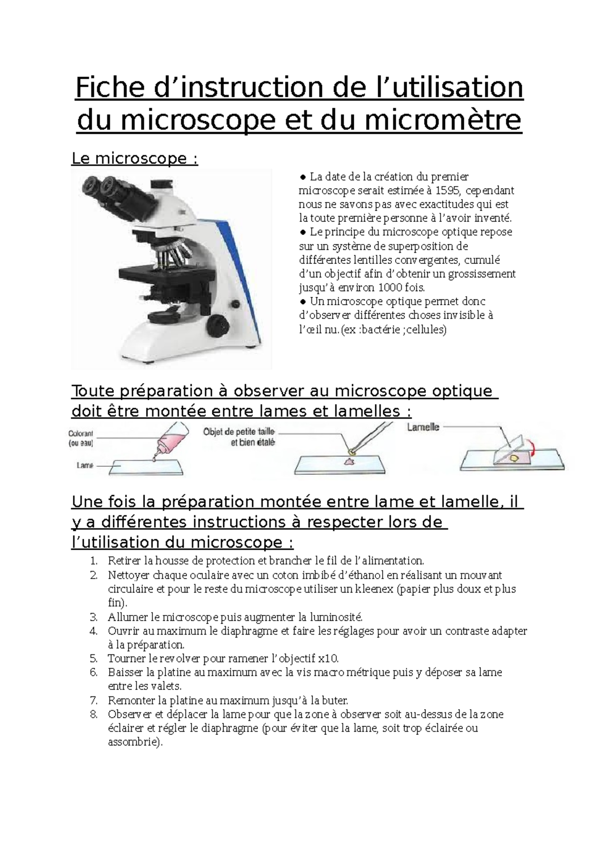 Fiche Microscope Fiche Dinstruction De Lutilisation Du Microscope