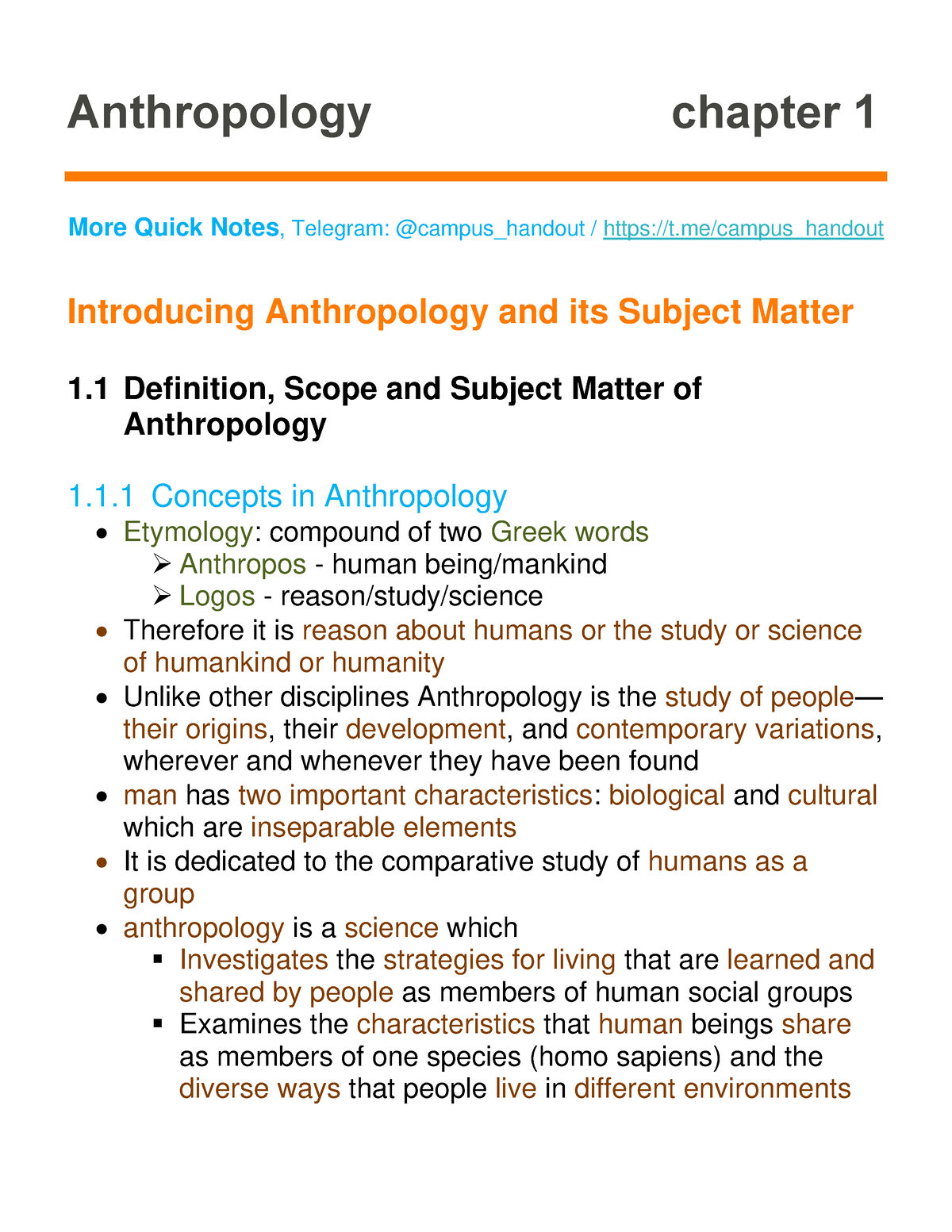 Anthropology Chapter 1 - 1 Concepts In Anthropology Etymology: Compound ...