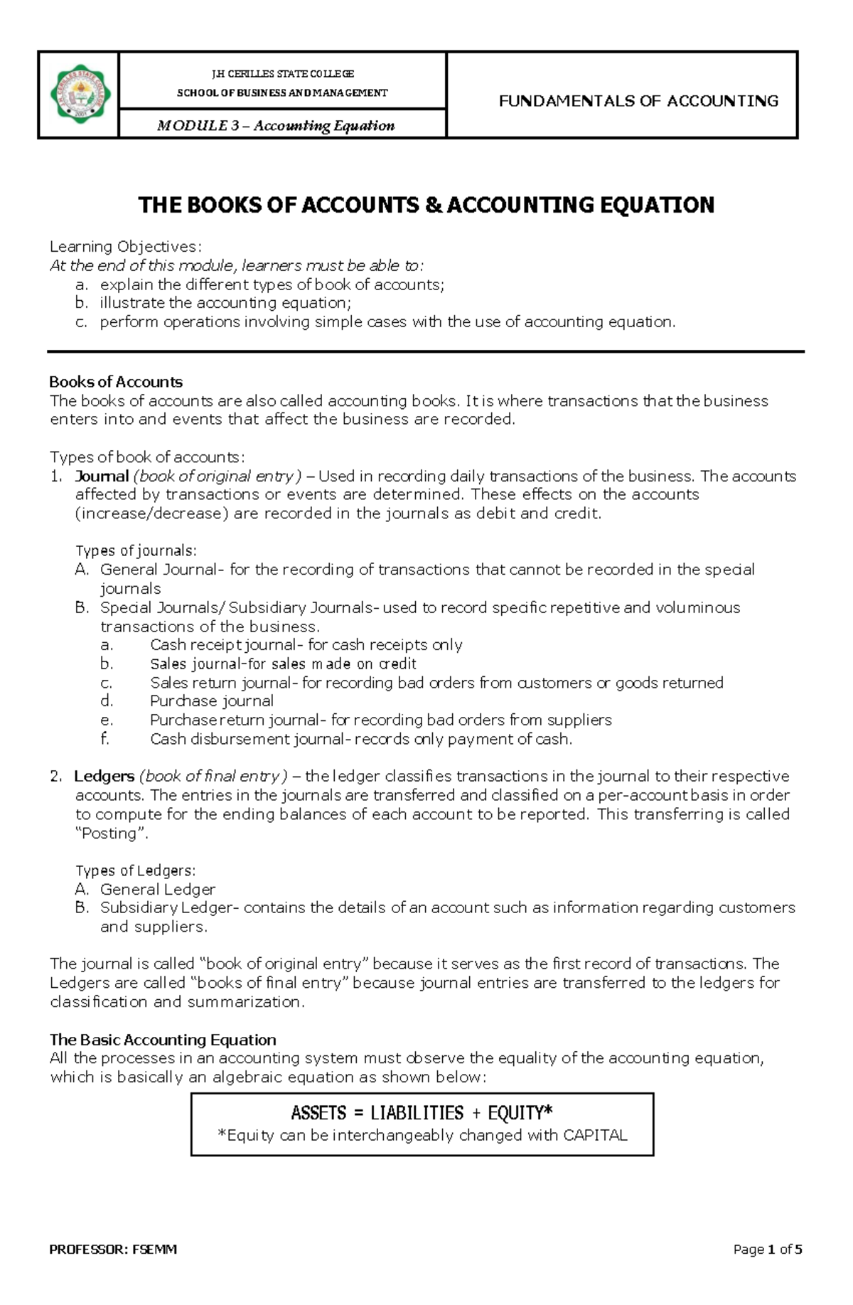 Module 3 Accounting Equation 1 - SCHOOL OF BUSINESS AND MANAGEMENT ...