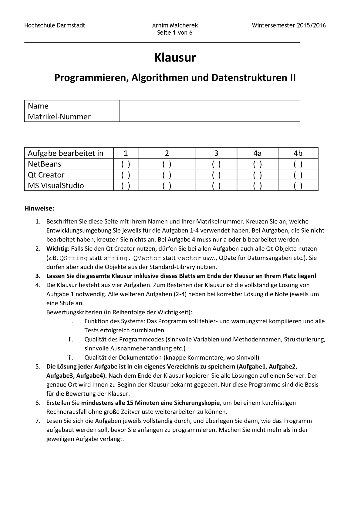 Klausur Wintersemester 2014/2015, Fragen - Hochschule Darmstadt Arnim ...