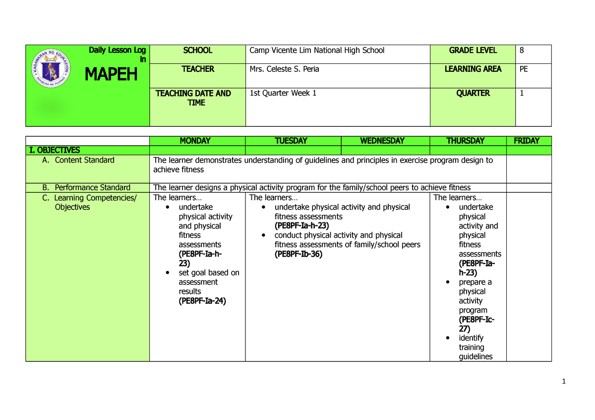 Q1 Grade 8 PE DLL Week 1 - DAily Lesson Log - Daily Lesson Log In MAPEH ...