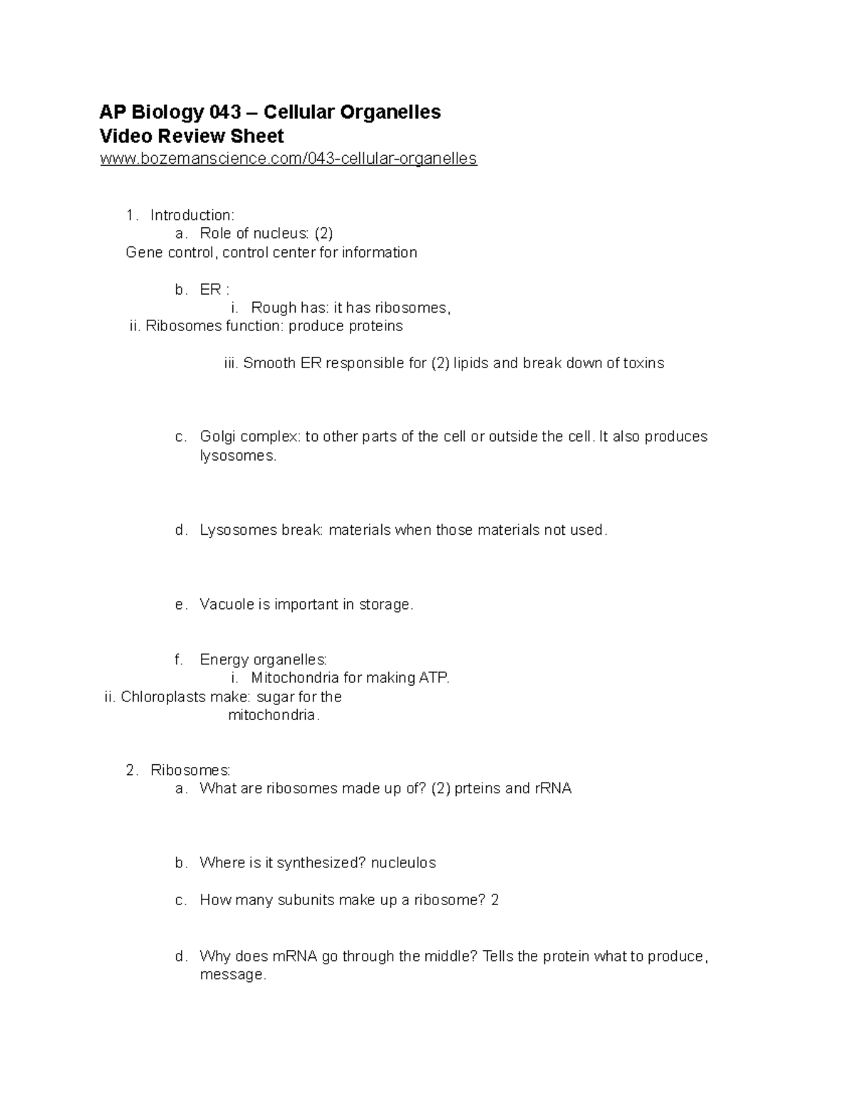 Bozeman Cellular Organelles Answer Key BP 723 Harvard StuDocu