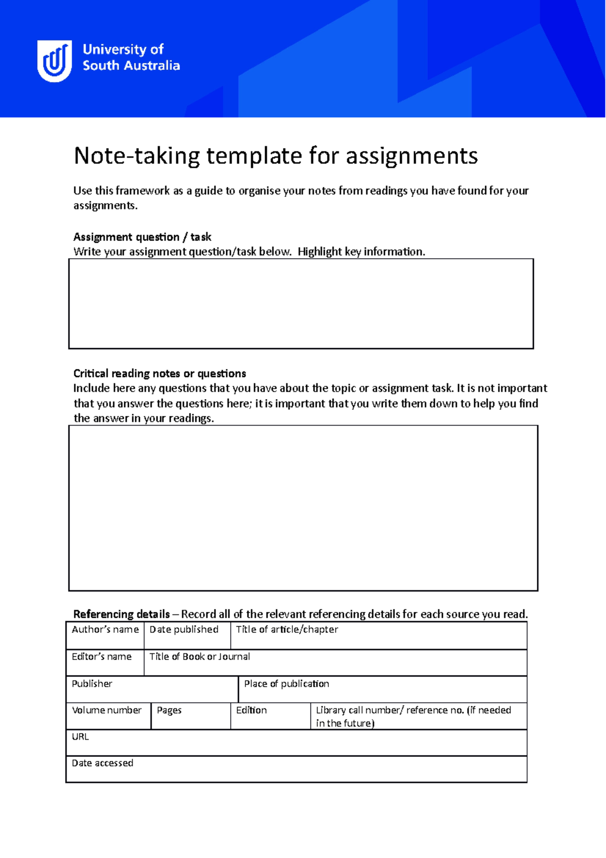 Notetaking template for assignments Sept 2017 - Note-taking template ...