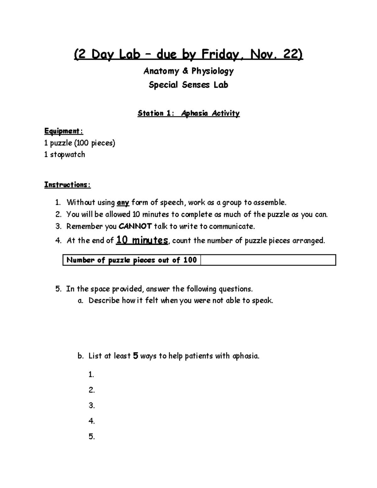 Intro A P Special Senses Lab - (2 Day Lab – due by Friday, Nov. 22 ...