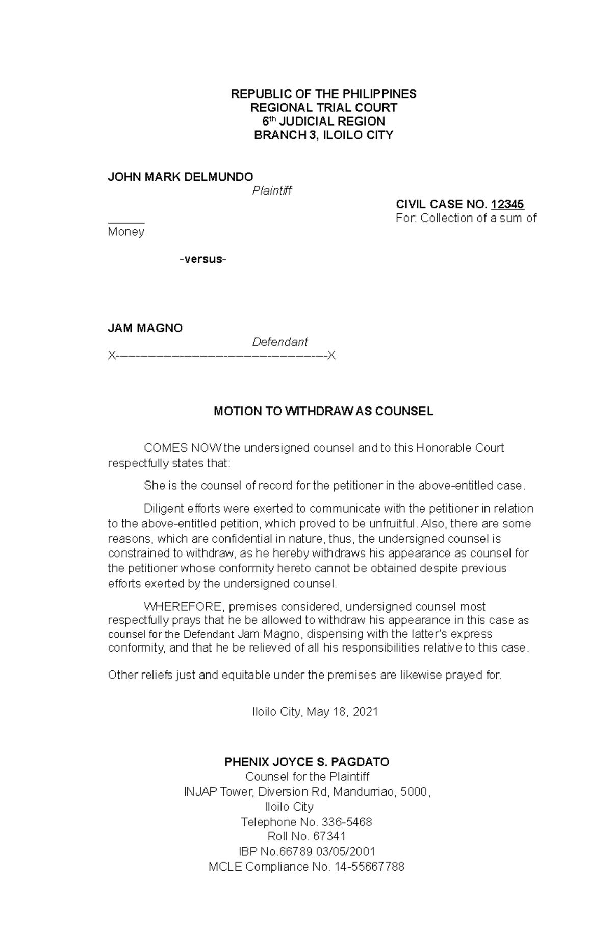 Preparation of Motion sample Legal Forms REPUBLIC OF THE PHILIPPINES